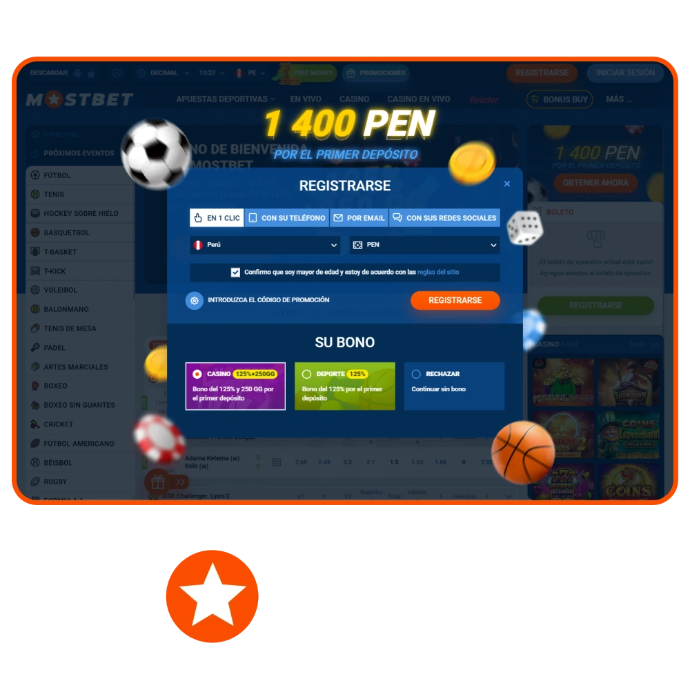 Regístrese en Mostbet y deposite fondos en su cuenta para jugar.