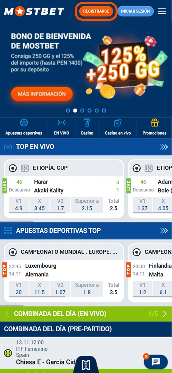 Haga clic en el botón Registro del sitio web de Mostbet.