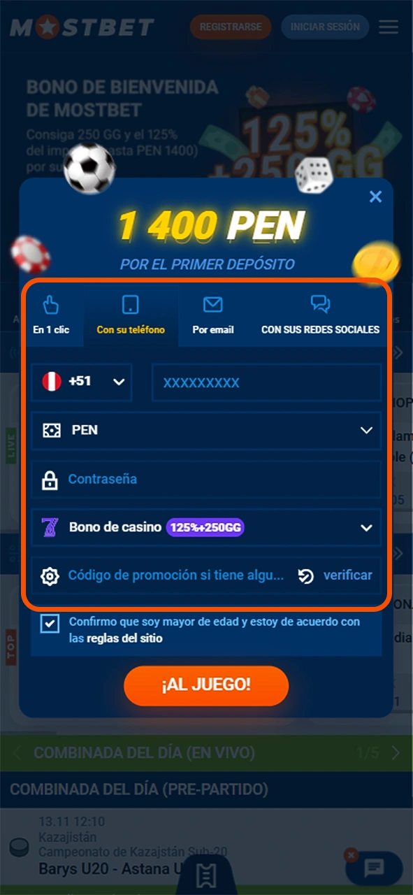 Rellene los campos obligatorios y cree una contraseña segura para Mostbet.