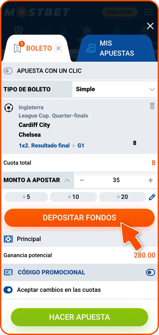 Haga clic en el botón Realizar apuesta ahora y recoja sus ganancias en Mostbet.