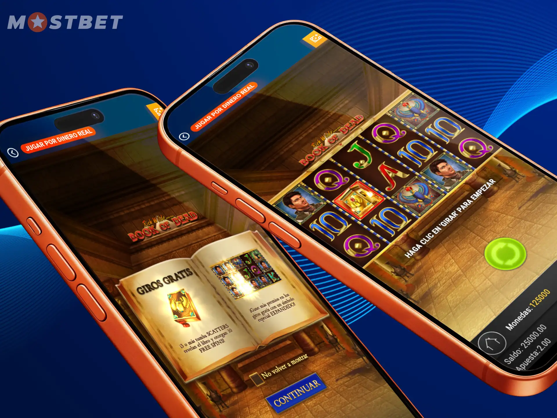 El jugador puede jugar al juego Book of Dead en el casino en línea Mostbet en su teléfono.