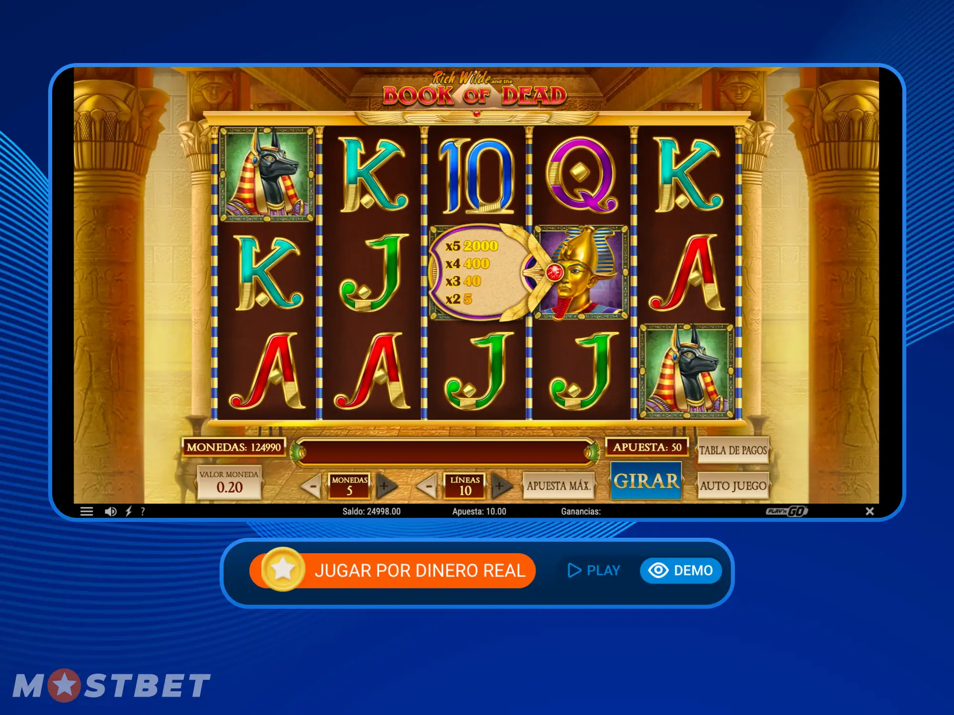El jugador tiene la oportunidad de probar la versión demo del juego Book of Dead en el casino online Mostbet.