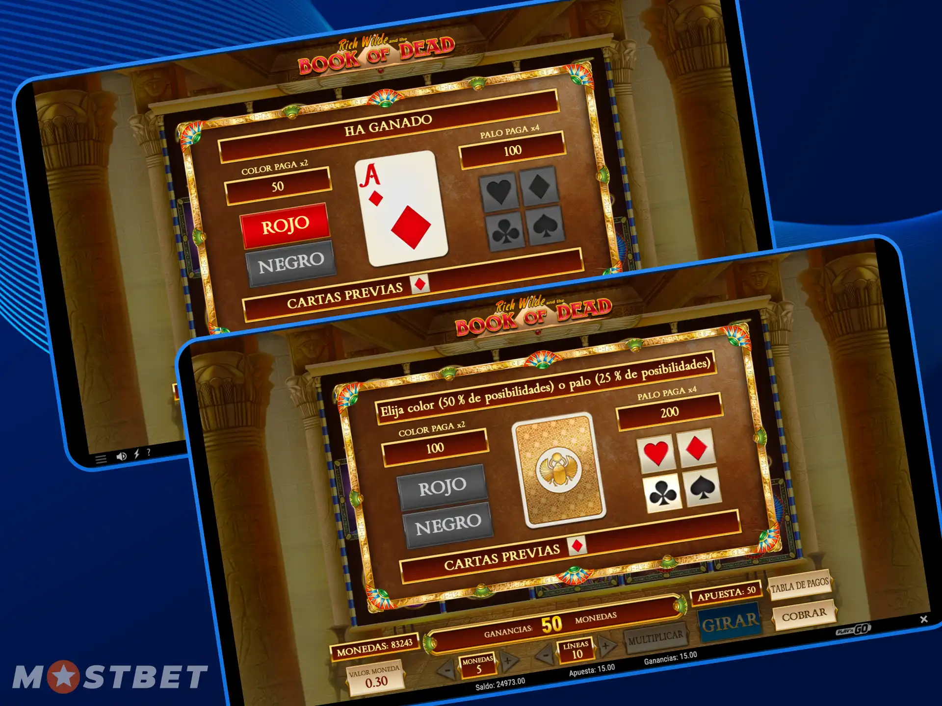El jugador puede intentar adivinar el color y el palo de la carta en el juego Libro de los Muertos en el casino en línea Mostbet.