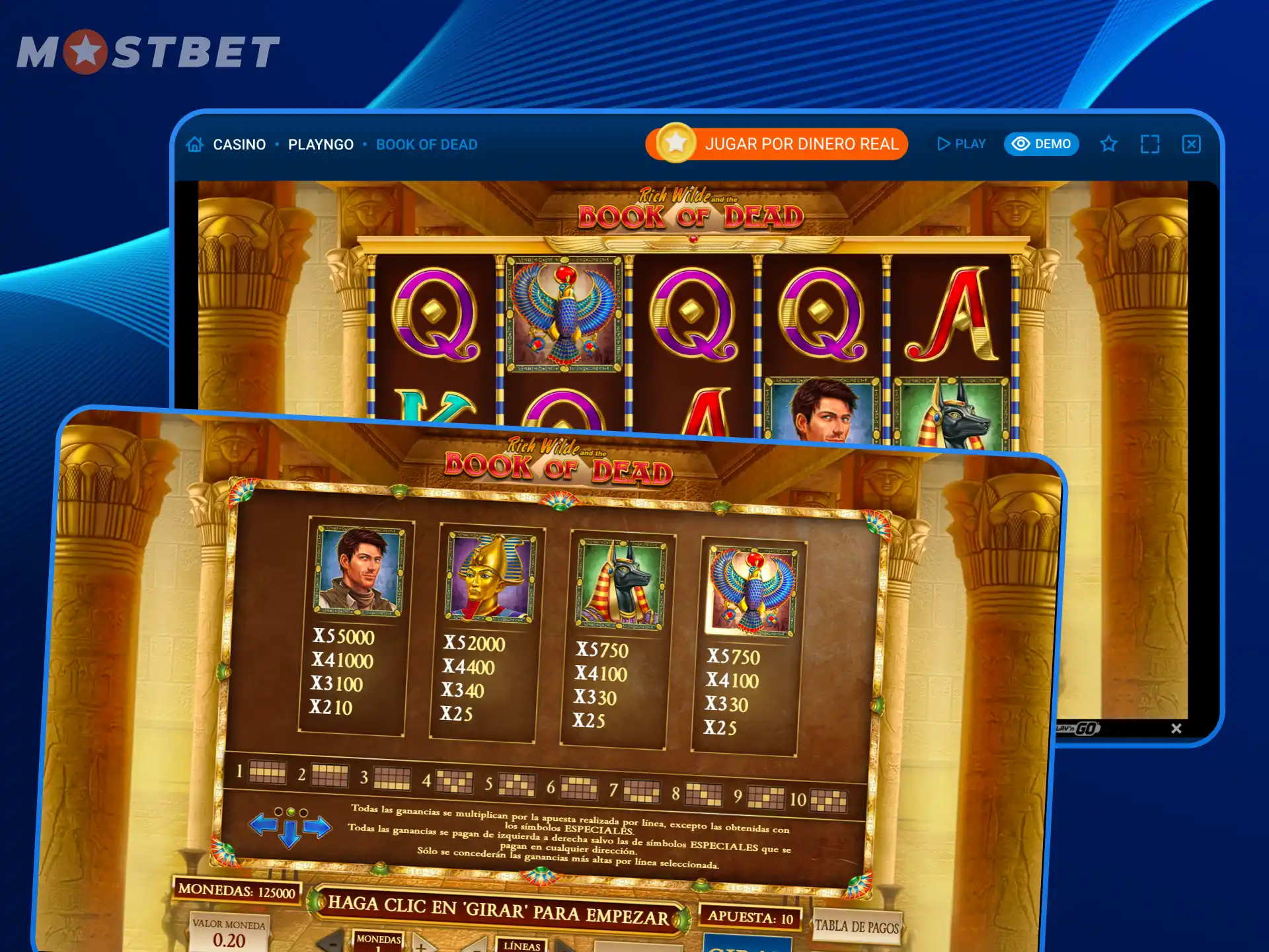 Hay símbolos especiales en el juego Libro de los Muertos en el casino en línea Mostbet.