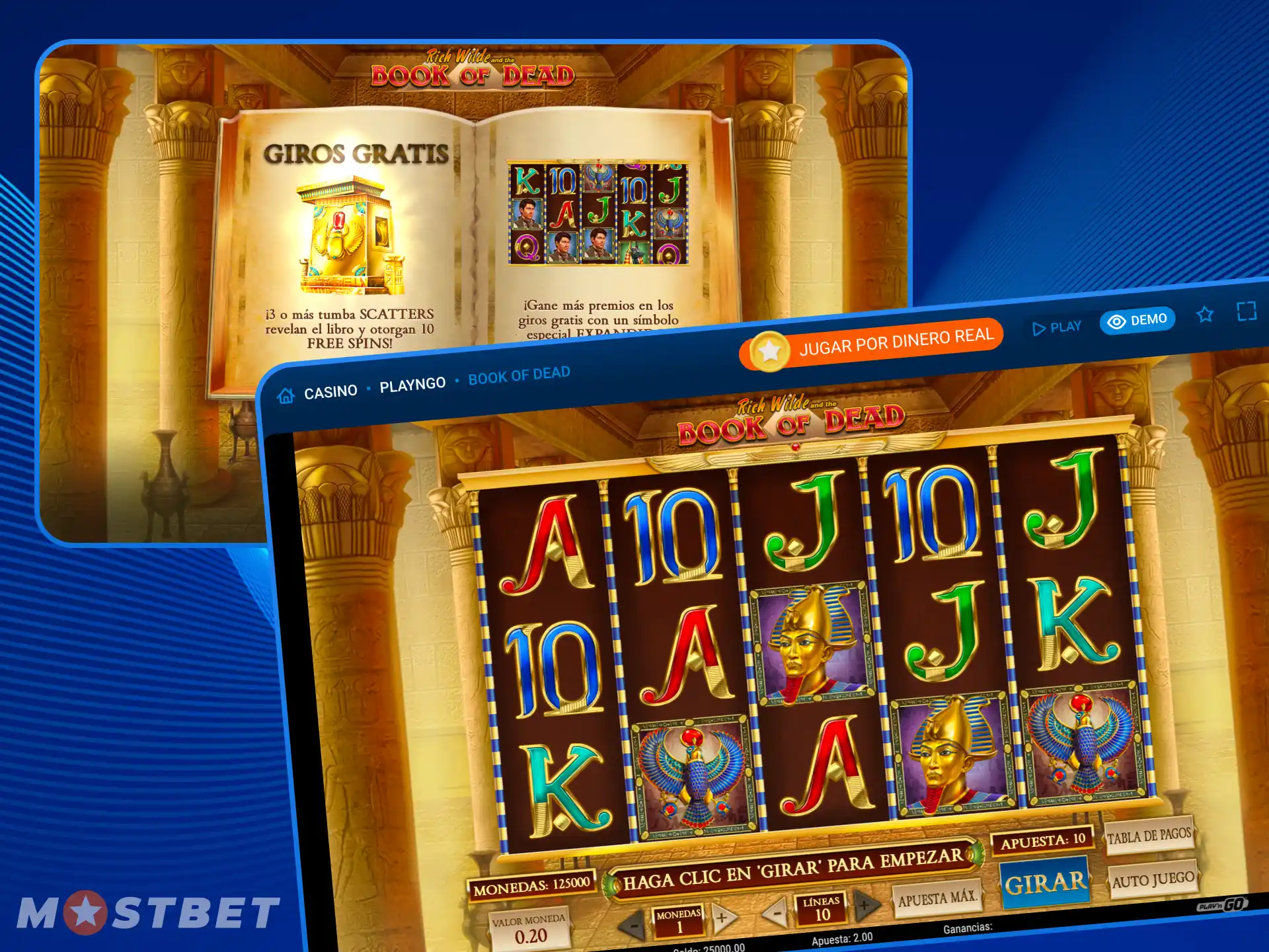 La interfaz del juego Book of Dead en el casino en línea Mostbet es fácil e intuitiva.