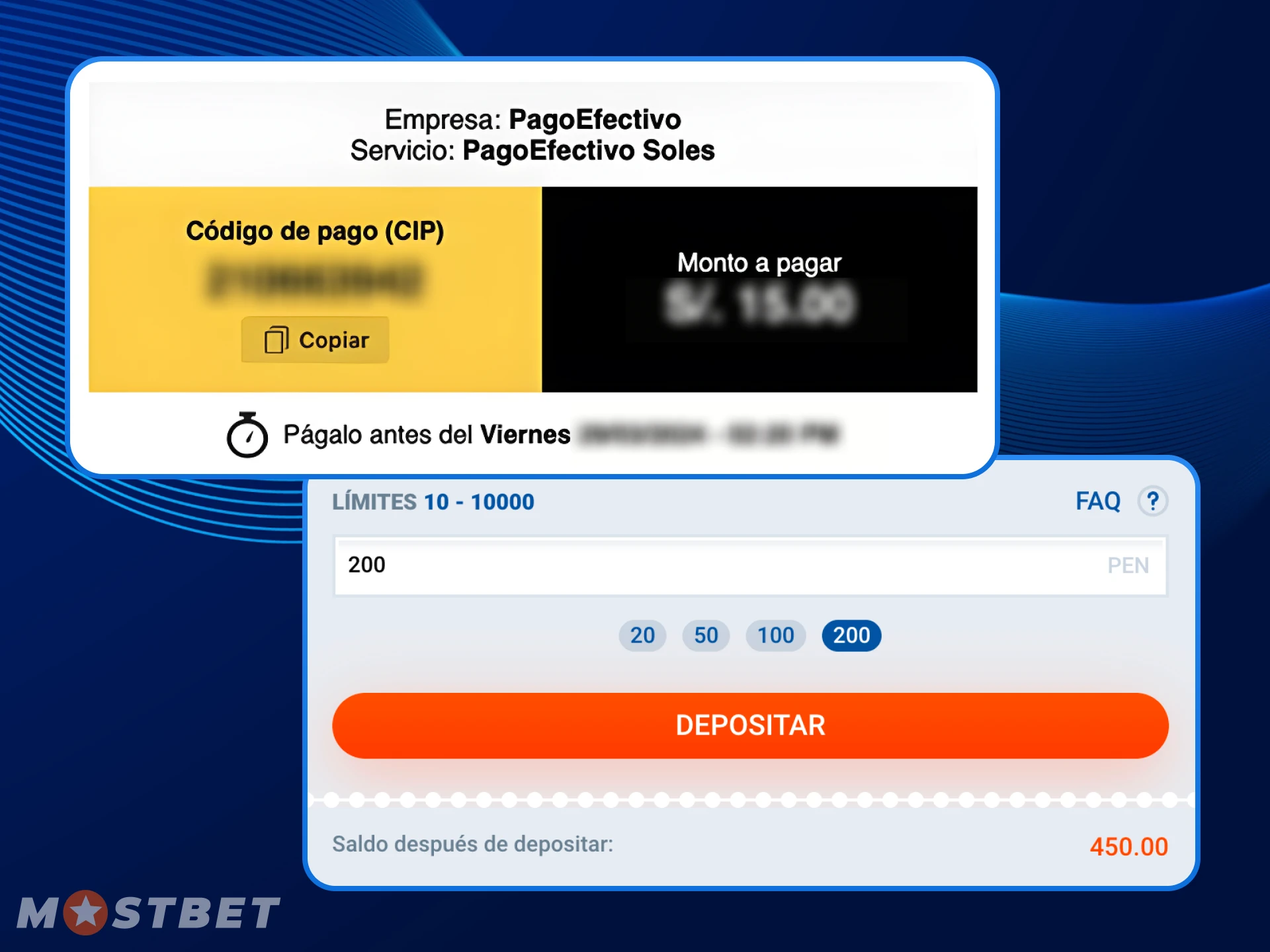 Los usuarios deben generar un código especial para depositar a través de PagoEfectivo en el casino en línea Mostbet.