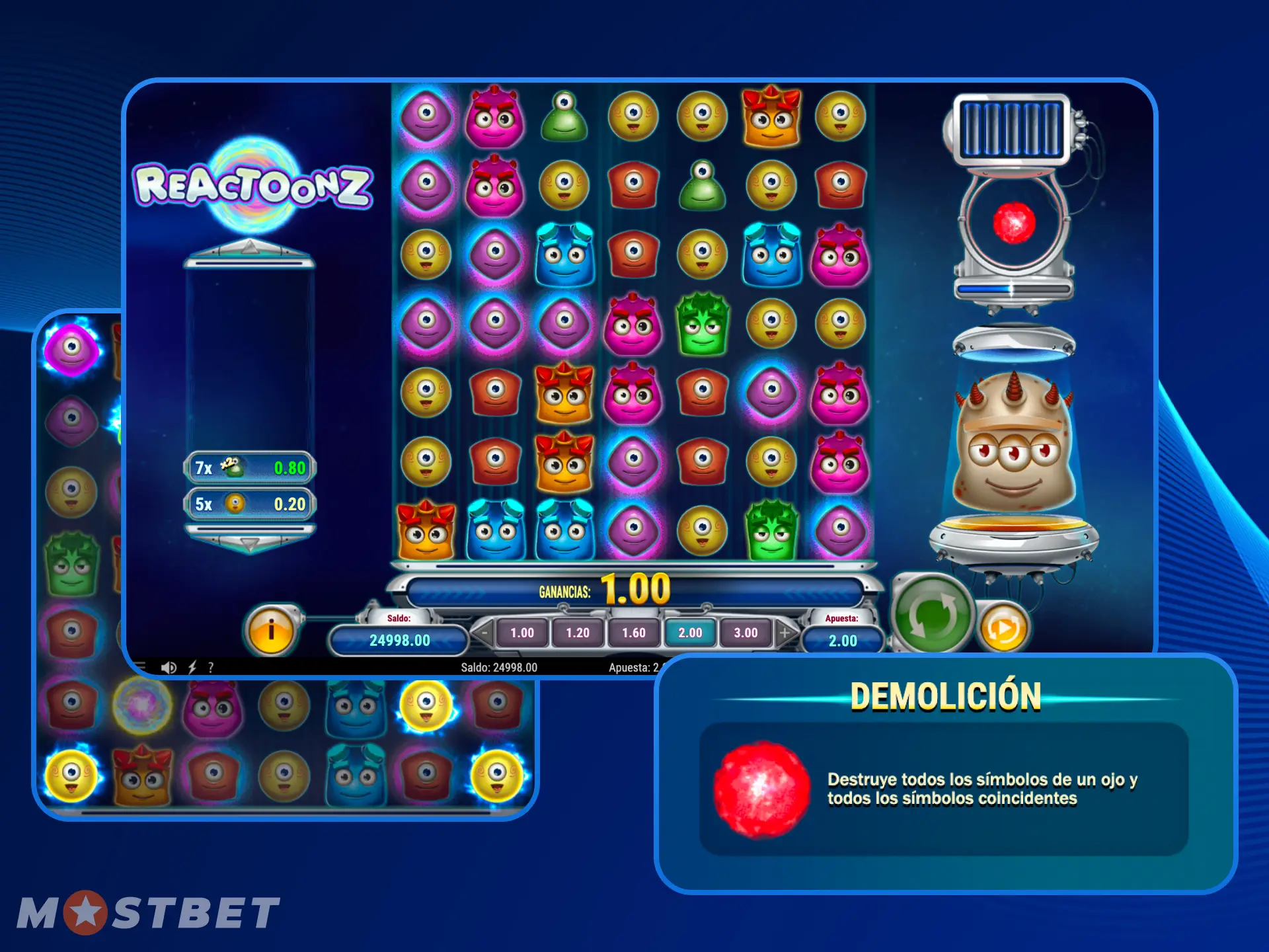 La función Demolición e incisión corta el campo de juego en diagonal en el juego Reactoonz en el casino en línea Mostbet.