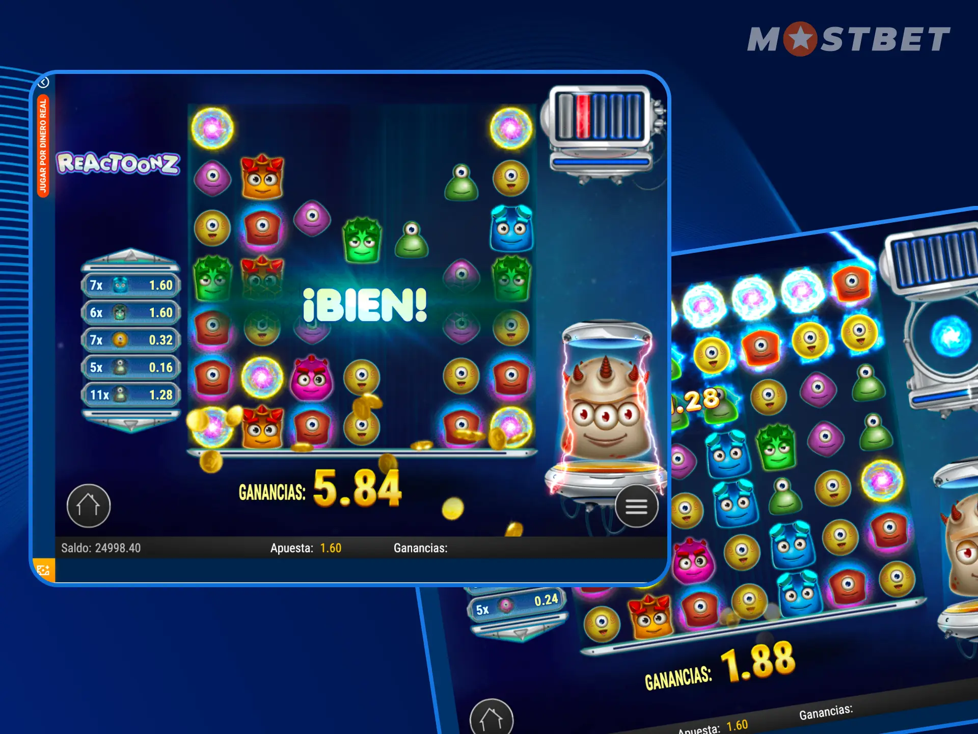 El jugador puede elegir cualquier estrategia en el juego Reactoonz en el casino en línea Mostbet.