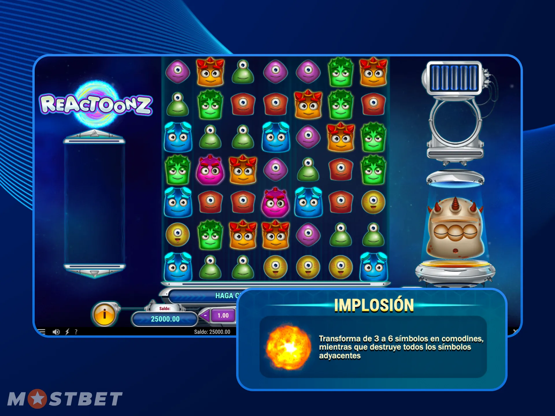 El juego Reactoonz tiene una característica especial llamada Implosión y Alteración en el casino en línea Mostbet.