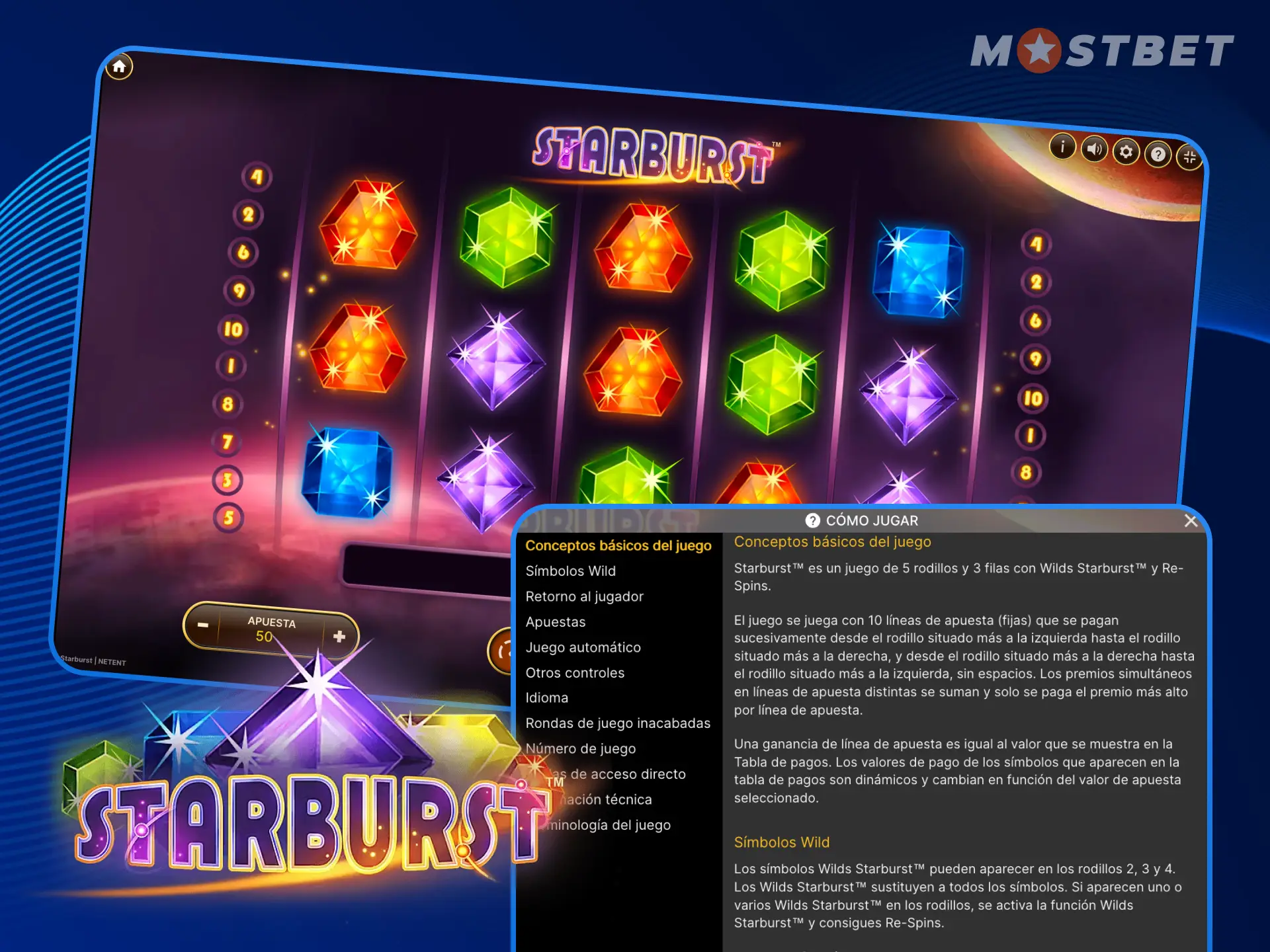 El juego Starburst tiene reglas simples en el casino en línea Mostbet.