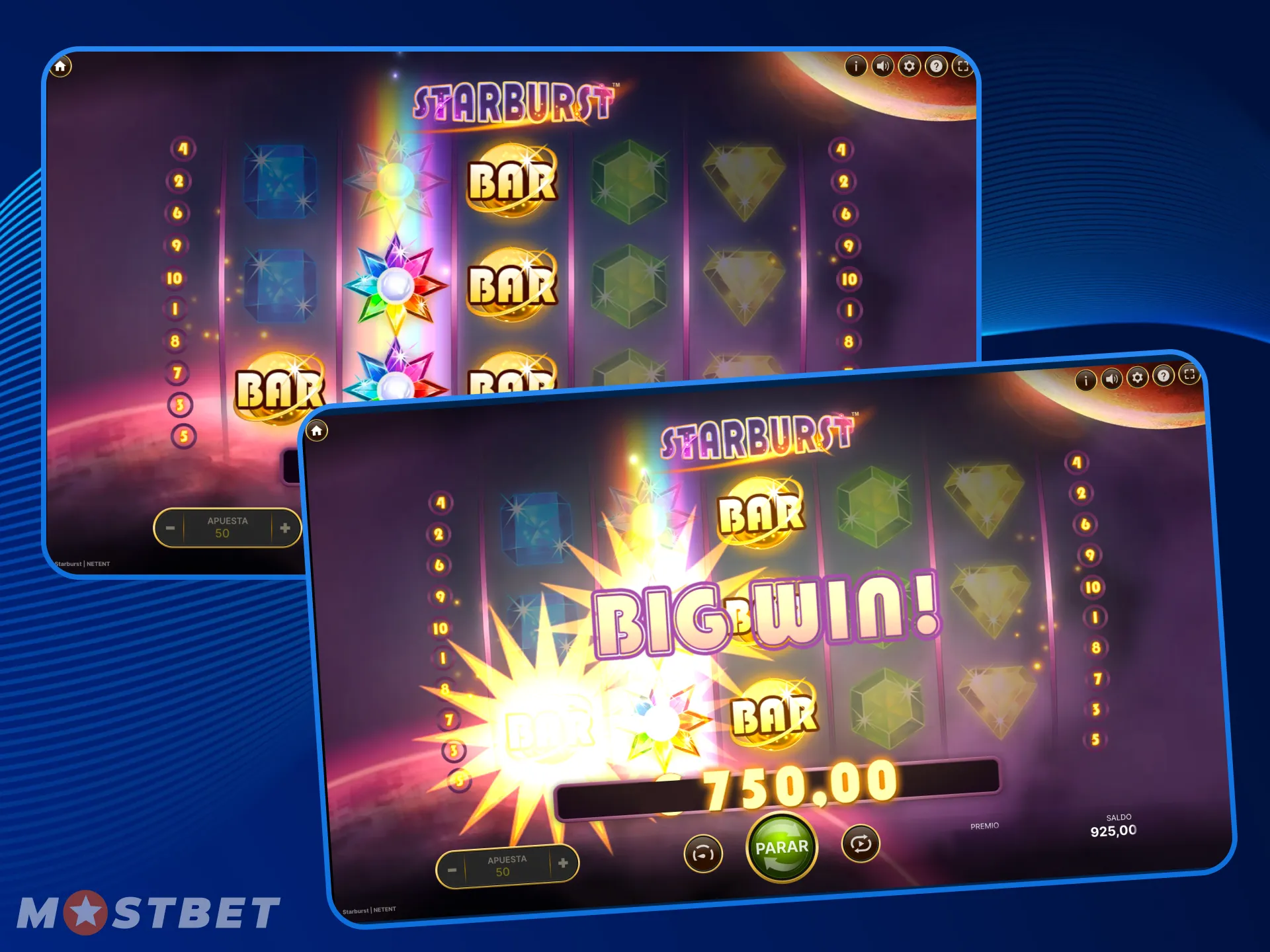 Una estrella multicolor se activa en el juego Starburst en el casino en línea Mostbet.