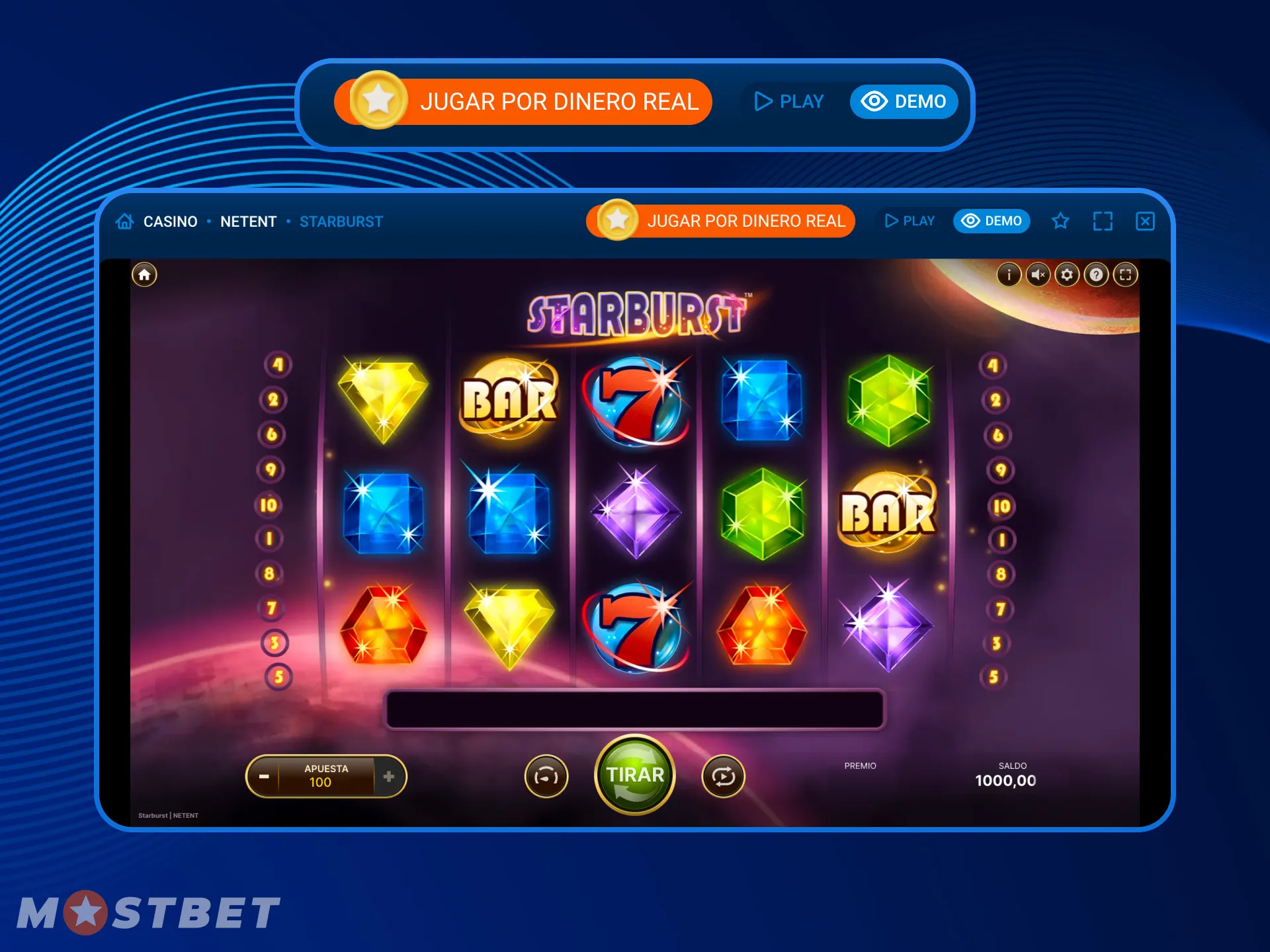 Los jugadores pueden probar la versión demo del juego Starburst en el casino en línea Mostbet.