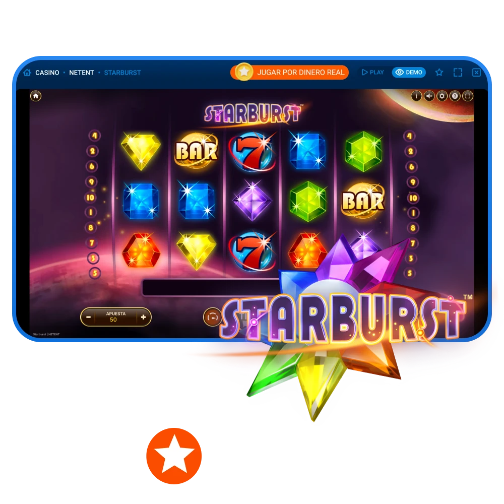 Los jugadores pueden encontrar el juego Starburst en el casino en línea Mostbet.