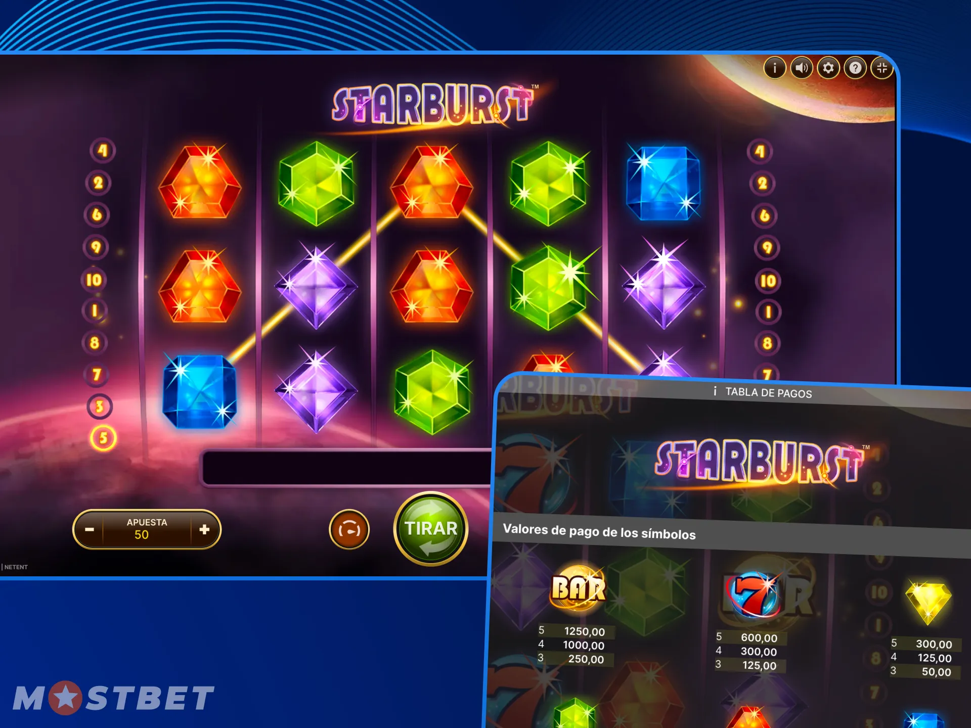 El juego Starburst del casino en línea Mostbet tiene un diseño vibrante.